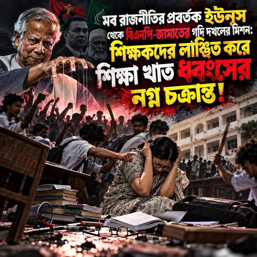 মব রাজনীতির প্রবর্তক ইউনুস থেকে বিএনপি-জামাতের গদি দখলের মিশন: শিক্ষকদের লাঞ্ছিত করে শিক্ষা খাত ধ্বংসের নগ্ন চক্রান্ত!